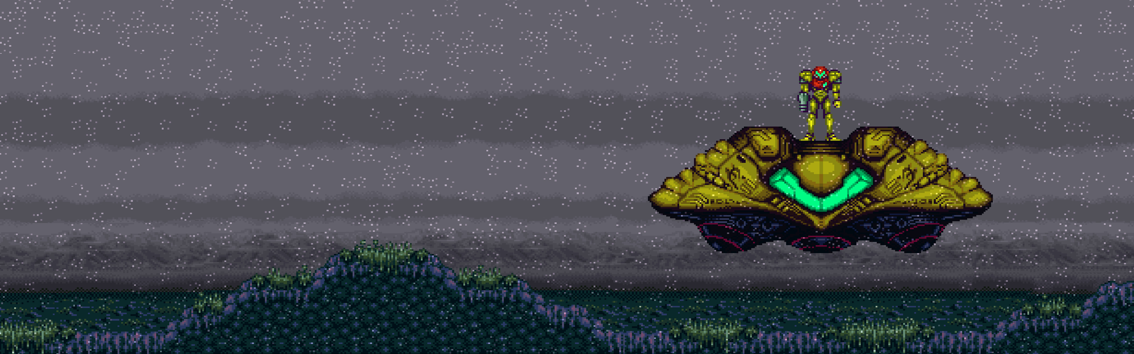 A screencap from the game Super Metroid. Samus Aran lands her spaceship on the surface of the planet Zebes. It is gray and raining. There is no one and nothing else around.