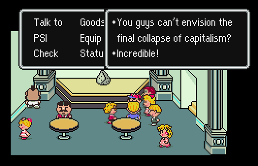The kids stand inside a building, talking with an NPC. The NPC says: You guys can't envision the final collapse of capitalism? Incredible!