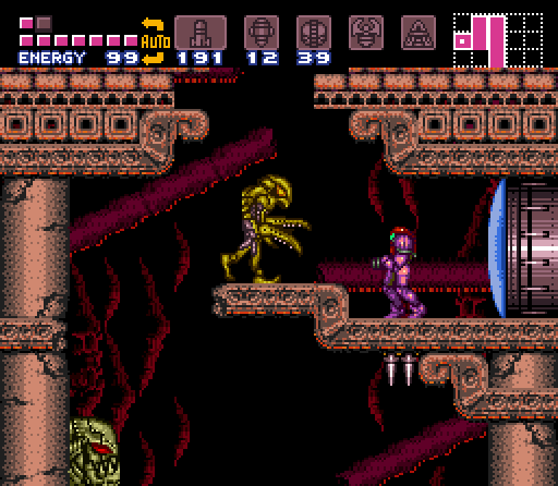 A screenshot from the game Super Metroid. Samus Aran is standing on the top of a cracked and ancient column. A praying mantis-like space pirate approaches her. Another creature clings to the surface of the column below.