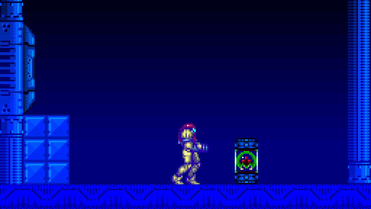 A screencap from the game Super Metroid. Samus Aran encounters the kidnapped alien— a baby metroid trapped in a specimen jar. The room is empty and dark. There is no one else around.